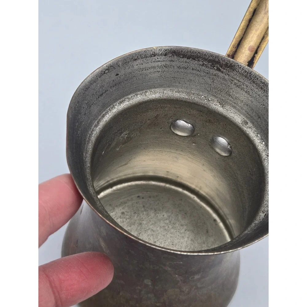 Vintage Brass Turkish Coffee Pot Ibrik Tin-Lined Brass Handle Deep Patina Rustic
